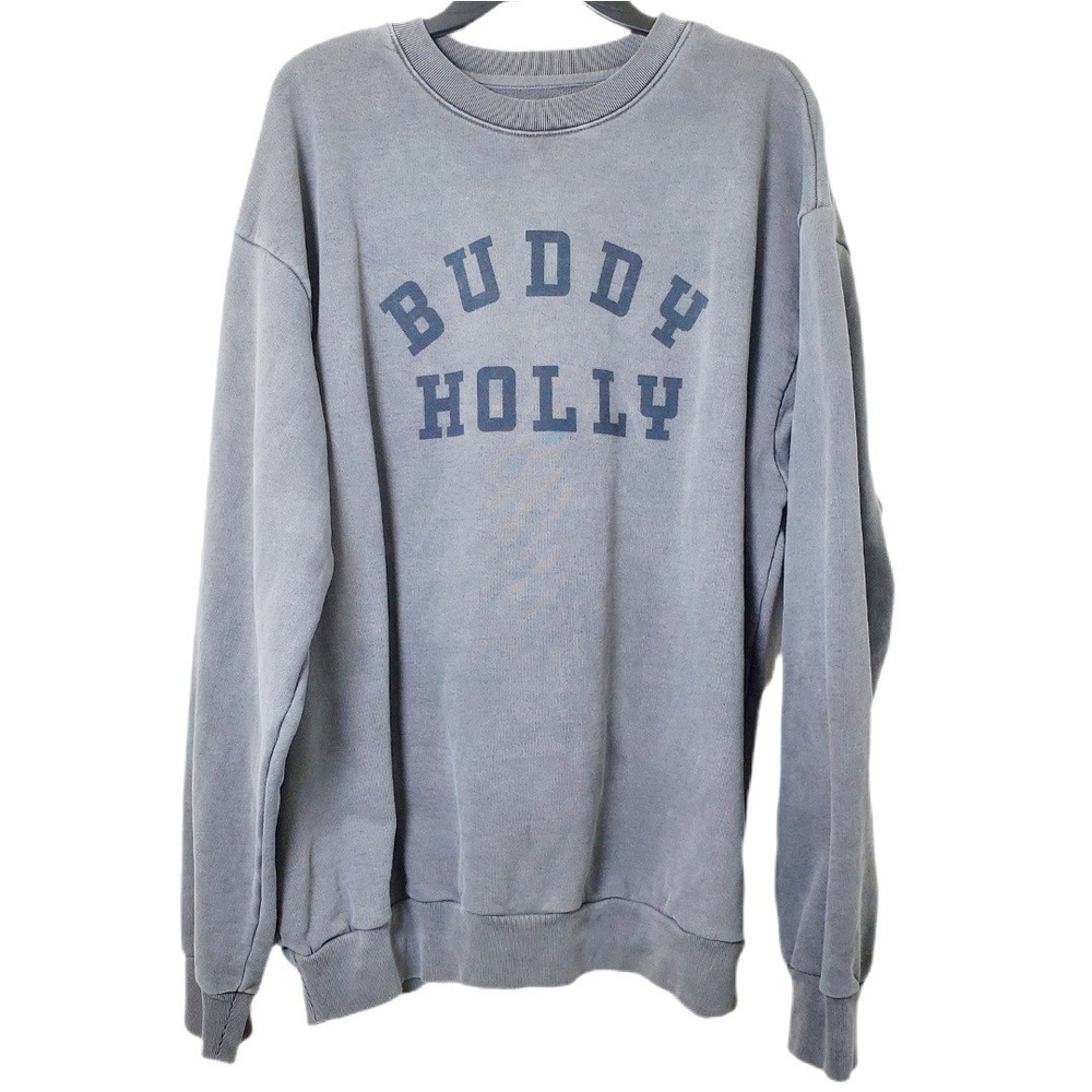 Buddy Holly Gray Mineral Wash Cotton Sweatshirt Distressed Collegiate Crewneck